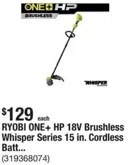 The Home Depot RYOBI ONE+ HP 18V Brushless Whisper Series 15 in. Cordless Battery offer