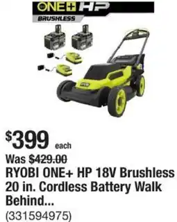 The Home Depot RYOBI ONE+ HP 18V Brushless 20 in. Cordless Battery Walk Behind... offer