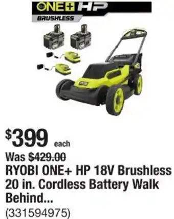The Home Depot RYOBI ONE+ HP 18V Brushless 20 in. Cordless Battery Walk Behind... offer