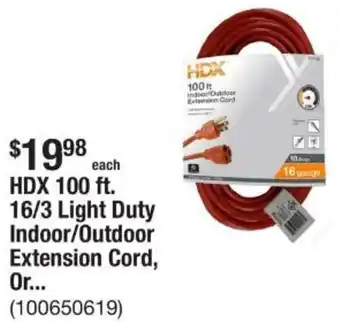 The Home Depot HDX 100 ft. 16/3 Light Duty Indoor/Outdoor Extension Cord offer
