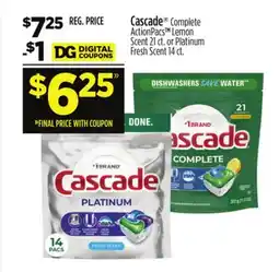 Dollar General Cascade Complete ActionPacs Lemon Scent 21 ct. or Platinum Fresh Scent 14 ct offer
