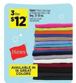 Dollar General Hanes Men's Color Crew or Pocket Tees offer