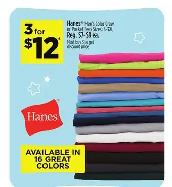Dollar General Hanes Men's Color Crew or Pocket Tees offer