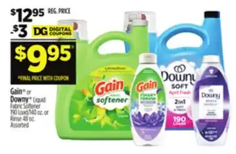 Dollar General Gain or Downy Liquid Fabric Softener 190 Load/140 oz. or Rinse 48 oz offer