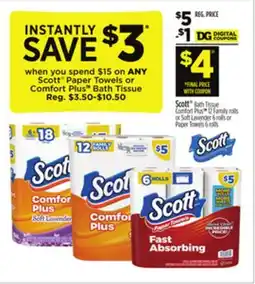 Dollar General Scott Bath Tissue Comfort Plus 12 Family rolls or Soft Lavender 6 rolls or Paper Towels 6 rolls offer