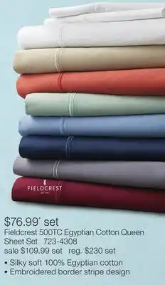 JC Penney Fieldcrest 500TC Egyptian Cotton Queen Sheet Set offer