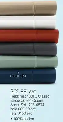 JC Penney Fieldcrest 400TC Classic Stripe Cotton Queen Sheet Set offer