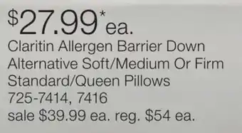 JC Penney Claritin Allergen Barrier Down Alternative Soft/Medium Or Firm Standard/Queen Pillows offer