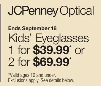 JC Penney Kids' Eyeglasses offer