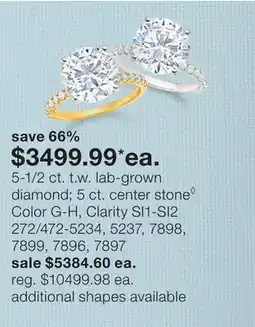 JC Penney 5-1/2 ct. t.w. lab-grown diamond 5 ct. center stoneâ—Š Color G-H, Clarity SI1-SI2 offer