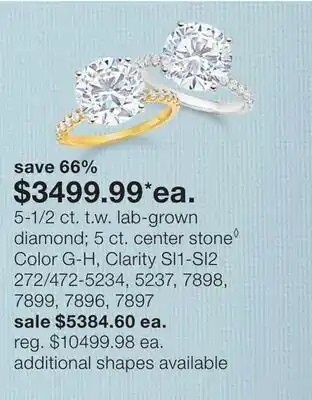 JC Penney 5-1/2 ct. t.w. lab-grown diamond 5 ct. center stone◊ Color G-H, Clarity SI1-SI2 offer