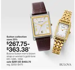 JC Penney Bulova Sutton men's brown strap or women's gold-tone offer