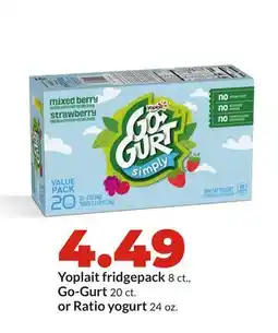 Hy-Vee Yoplait fridgepack 8 ct., Go-Gurt 20 ct. or Ratio yogurt 24 oz offer