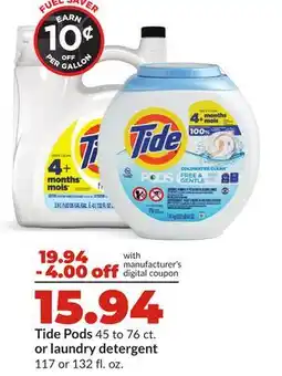 Hy-Vee Tide Pods 45 to 76 ct. or laundry detergent 117 or 132 fl. oz offer