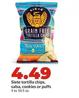 Hy-Vee Siete tortilla chips, salsa, cookies or puffs offer