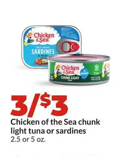 Hy-Vee Chicken of the Sea chunk light tuna or sardines offer