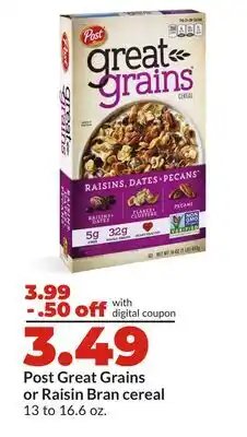 Hy-Vee Post Great Grains or Raisin Bran cereal offer