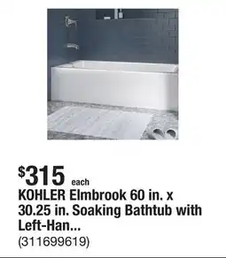 The Home Depot KOHLER Elmbrook 60 in. x 30.25 in. Soaking Bathtub with Left-Hand Drain in White offer