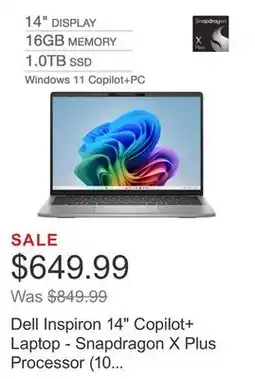 Costco Dell Inspiron 14 Copilot+ Laptop - Snapdragon X Plus Processor (10 Core) - 1920 x 1200 - Windows 11 offer