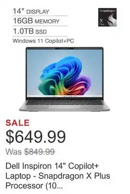 Costco Dell Inspiron 14 Copilot+ Laptop - Snapdragon X Plus Processor (10 Core) - 1920 x 1200 - Windows 11 offer