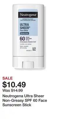 Ulta Beauty Neutrogena Ultra Sheer Non-Greasy SPF 60 Face Sunscreen Stick offer