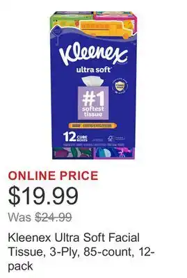Costco Kleenex Ultra Soft Facial Tissue, 3-Ply, 85-count, 12-pack offer