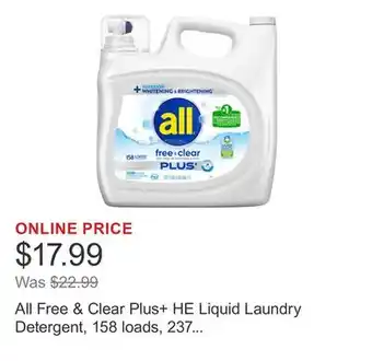 Costco All Free & Clear Plus+ HE Liquid Laundry Detergent, 158 loads, 237 fl oz offer