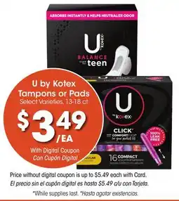 Ralphs U by Kotex Tampons or Pads offer