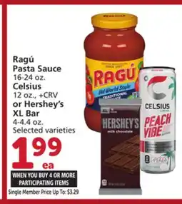 Albertsons Ragú Pasta Sauce 16-24 oz. Celsius 12 oz., or Hershey's XL Bar 4-4.4 oz offer