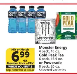 Albertsons Monster Energy 4 pack, 16 oz. Gold Peak Tea 6 pack, 16.9 oz. or Powerade 8 pack, 20 oz offer