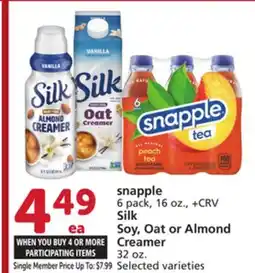Albertsons snapple 6 pack, 16 oz., + CRV Silk Soy, Oat or Almond Creamer 32 oz offer