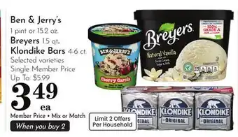 Pavilions Ben & Jerry's 1 pint or 15.2 oz. Breyers 1.5 qt Klondike Bars 4-6 ct offer