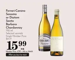 Pavilions Ferrari-Carano Sonoma or Diatom Santa Barbara Chardonnay offer