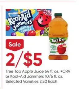 Stater Bros Tree Top Apple Juice 64 fl. oz. or Kool-Aid Jammers 10/6 fl. oz offer