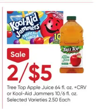 Stater Bros Tree Top Apple Juice 64 fl. oz. or Kool-Aid Jammers 10/6 fl. oz offer