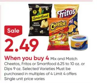 Stater Bros Cheetos, Fritos or Smartfood 6.25 to 10 oz. or Dips 9 oz offer