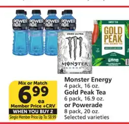 Vons Monster Energy 4 pack, 16 oz. Gold Peak Tea 6 pack, 16.9 oz. or Powerade 8 pack, 20 oz offer