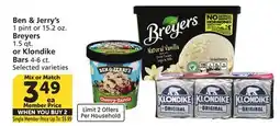 Vons Ben & Jerry's 1 pint or 15.2 oz. Breyers 1.5 qt. or Klondike Bars 4-6 ct offer