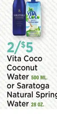 Heinen's Vita Coco Coconut Water 500 ML. or Saratoga Natural Spring Water 28 OZ offer