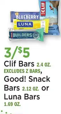 Heinen's Clif Bars 2.4 OZ., Good! Snack Bars 2.12 OZ. or Luna Bars 1.69 OZ offer