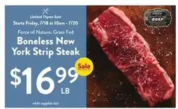 Fresh Thyme Force of Nature, Grass Fed Boneless New York Strip Steak offer