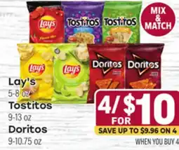 Tony’s Fresh Market Lay 5-8 oz Tostitos 9-13 oz Doritos 9-10.75 oz offer