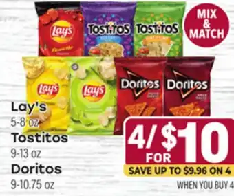 Tony’s Fresh Market Lay 5-8 oz Tostitos 9-13 oz Doritos 9-10.75 oz offer