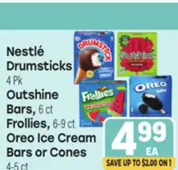Tony’s Fresh Market Nestlé Drumsticks 4 Pk, Outshine Bars 6 ct, Frollies 6-9 ct Oreo Ice Cream Bars or Cones 4-5 ct offer