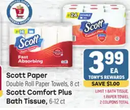 Tony’s Fresh Market Scott Paper Double Roll Paper Towels, 8 ct Scott Comfort Plus Bath Tissue , 6-12 ct offer