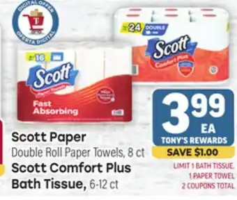 Tony’s Fresh Market Scott Paper Double Roll Paper Towels, 8 ct Scott Comfort Plus Bath Tissue , 6-12 ct offer