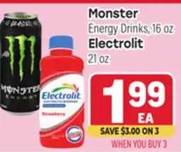 Tony’s Fresh Market Monster Energy Drinks, 16 oz, Electrolit 21 oz offer