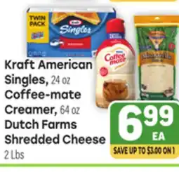 Tony’s Fresh Market Kraft American Singles, 24 oz Coffee-mate Creamer 64 oz Dutch Farms Shredded Cheese 2 Lbs offer