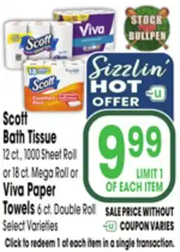 Jewel-Osco Scott Bath Tissue 12 ct., 1000 Sheet Roll or 18 ct. Mega Roll or Viva Paper Towels 6 ct. Double Roll offer
