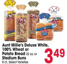 Jewel-Osco Aunt Millie's Deluxe White, 100% Wheat or Potato Bread 22 oz. or Stadium Buns 8 ct offer